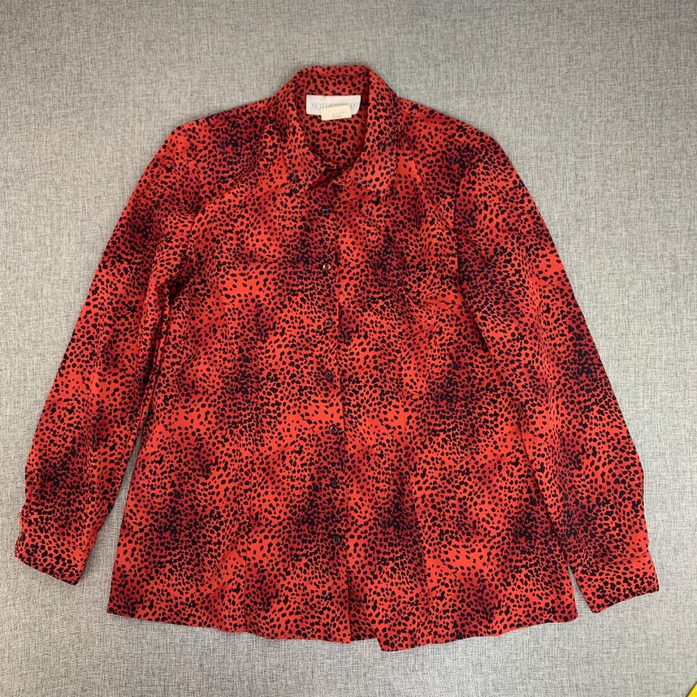 Motherhood Leopard Button Down Blouse Red Black Small Long Sleeve Collared